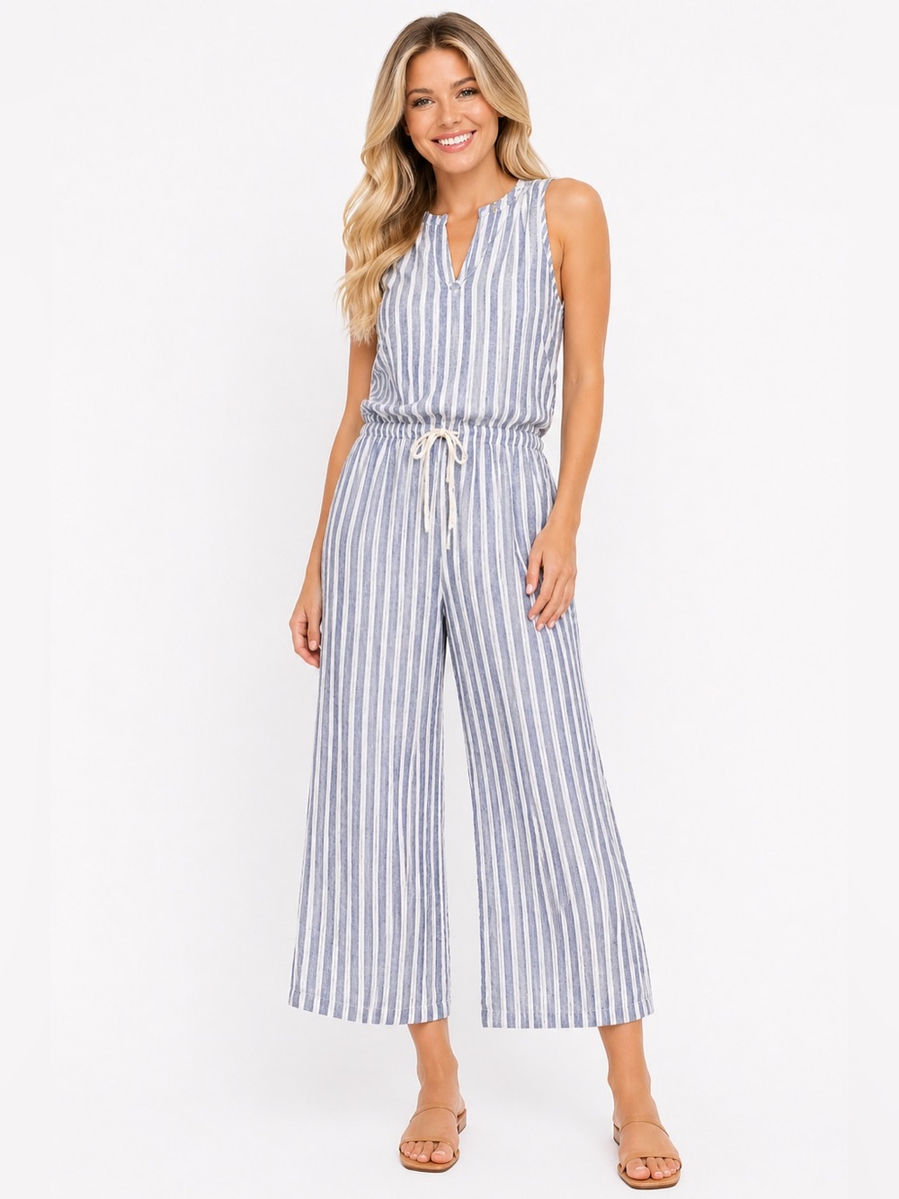 Anthropologie Drew Size Small Striped Blue and White Wide Leg Cropped Jumpsuit